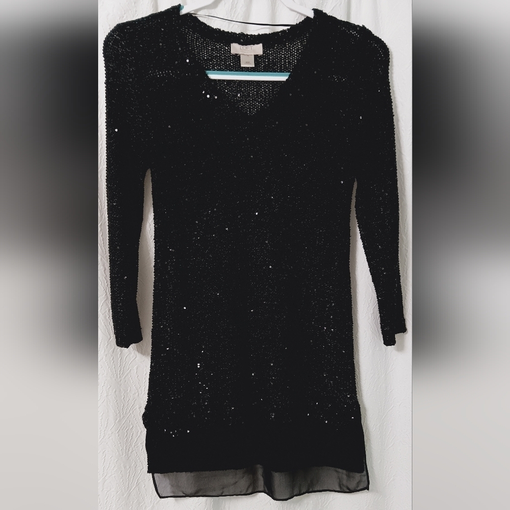 Ann Taylor Loft  Holiday High/Low Sequin Black Sweater Size XSP
